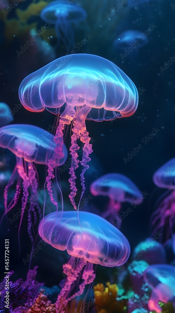 Glowing jellyfish in vibrant underwater scene (1) Glowing jellyfish in vibrant underwater scene (1)