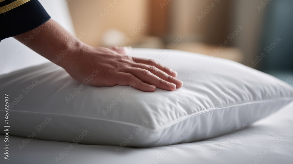 Fototapeta premium Person is pressing down on white pillow placed on bed, demonstrating softness and comfort of bedding in cozy bedroom setting