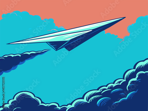 Paper Airplane Soaring Through Clouds, Blue Sky Background