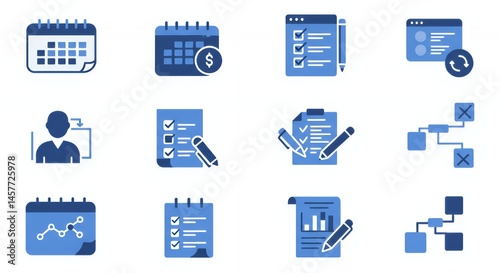 Collection of Blue Productivity Icons: Scheduling, Checklists, and Workflow Management