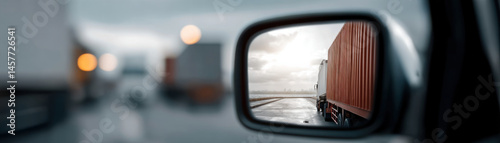 Side mirror reflection of truck highway during cloudy weather, with minimal crop and blurred background, capturing