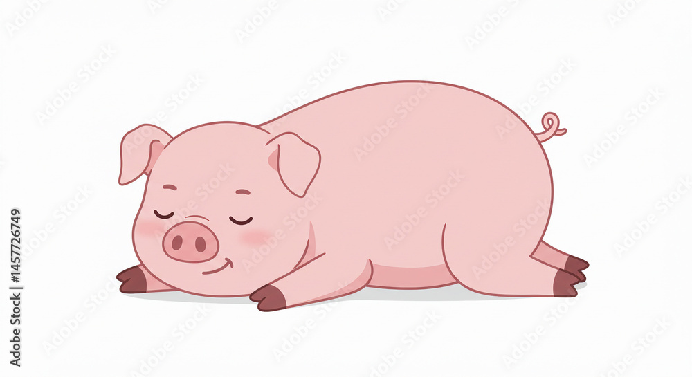 Smiling piglet lying down and relaxing, white background Smiling piglet lying down and relaxing, white background
