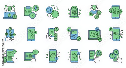Fintech Icons: Mobile Payment, Peer-to-Peer Transactions, and Digital Finance