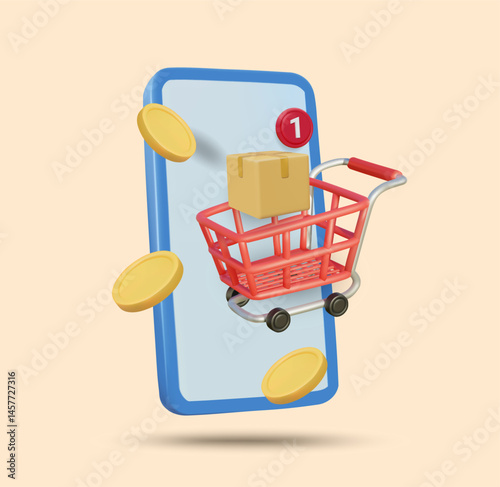 3D Illustration Vector Render of Mobile Phone Icon Ordering Goods, Cart and Parcel Box with Notification, Gold Coins Floating Around, Online Shopping Concept, Buying, Transaction, Ecommerce.