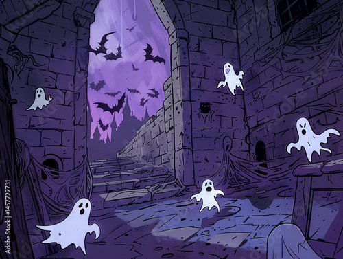 A comedic horror cartoon scene where goofy ghosts chase a screaming protagonist through a gothic castle, viewed straight-on. 