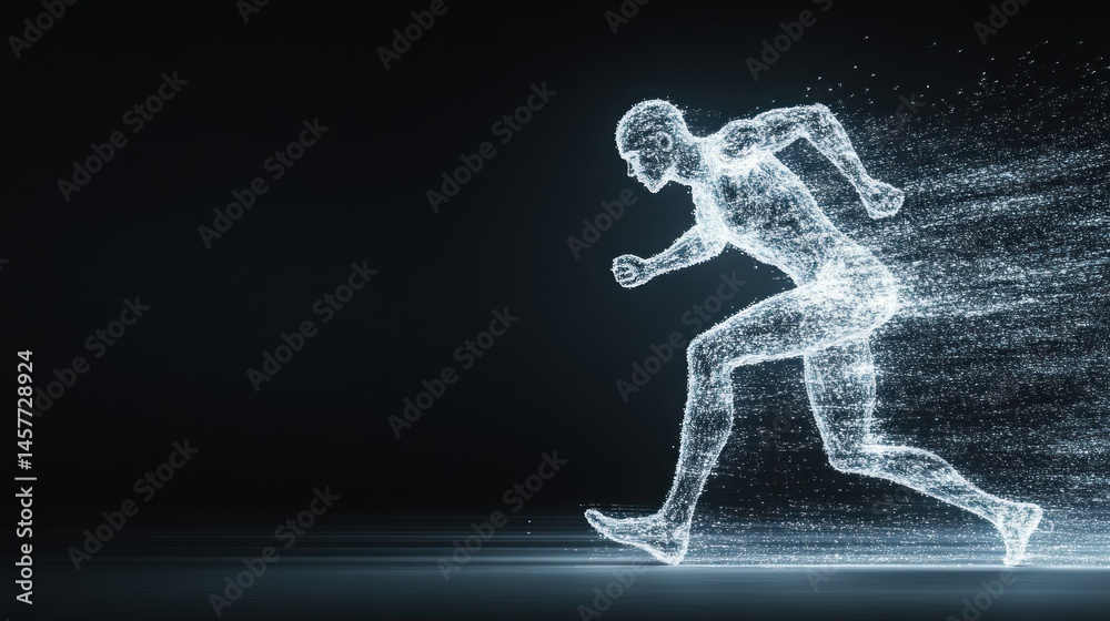Fototapeta premium Abstract human running figure dynamic motion light points dark background