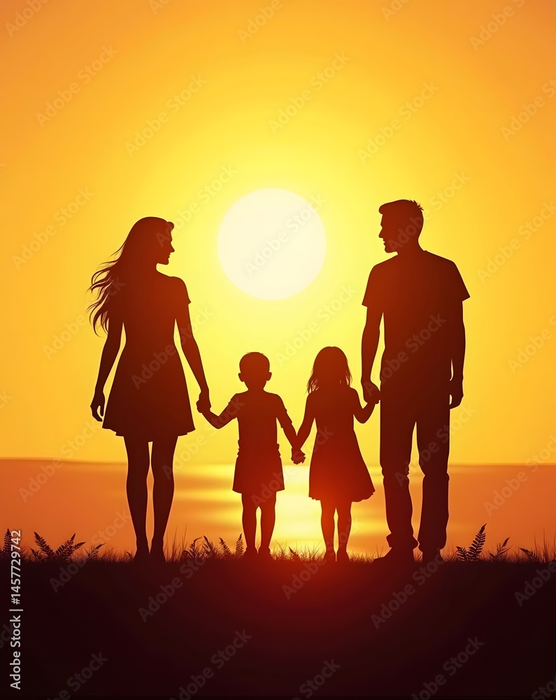 Fototapeta premium Silhouette of family holding hands at sunset scene