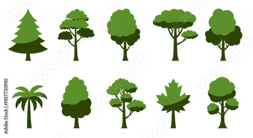 Collection of Green Tree Silhouettes: Diverse Foliage Icons for Nature Designs
