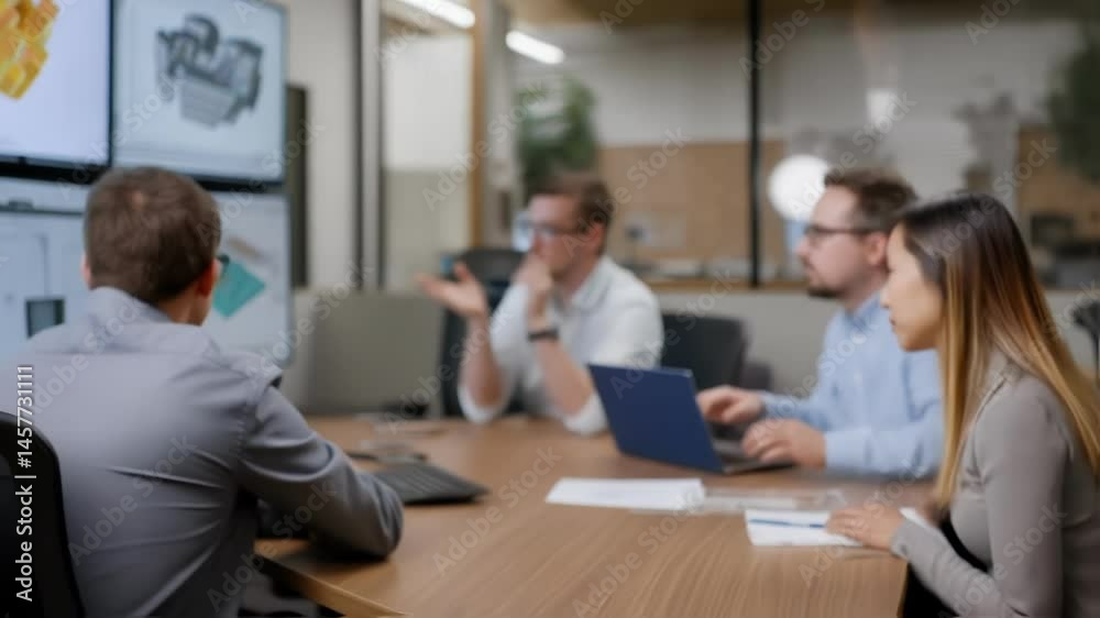 A team of engineers reviews a CAD design during a meeting with large monitors displaying various perspectives of the project. A team of engineers reviews a CAD design during a meeting with large monitors displaying various perspectives of the project.