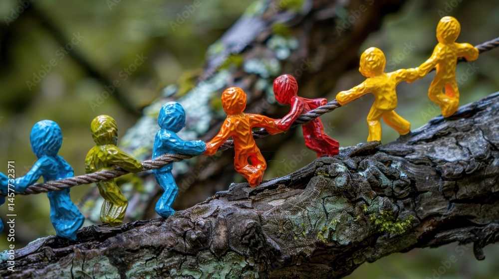 Obraz premium Unity: Stick figures of different colors working as one, emphasizing how diverse talents and cooperation contribute to building a strong, unified team. 