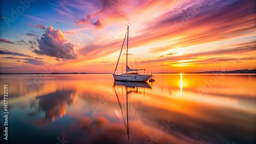 Long Exposure Boat on Calm Water at Sunset, Serene Seascape Photography