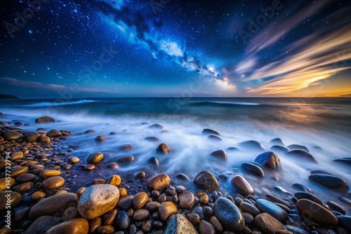 Long Exposure Coastal Stones, Smooth Rocks, Ocean Waves, Night Photography, Dark Blue Sea