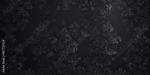 Dark grey background, elaborate black damask with shadowy florals  , elegant, black, repeat