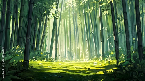 Lush, stylized bamboo forest scene, bathed in soft sunlight.