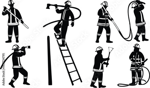 Vector silhouette set of firefighters in action depicting courage and bravery in emergency situations