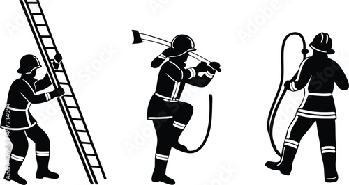 Vector silhouette set of firefighters depicted in action rescuing people with equipment