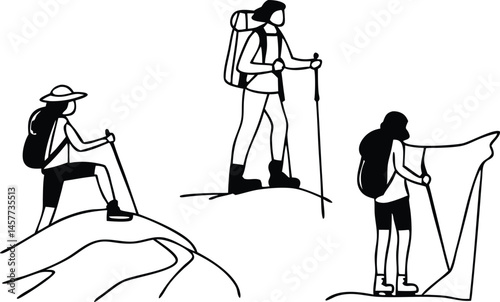 Vector set of hiking silhouettes depicting adventurous individuals in various poses on white background