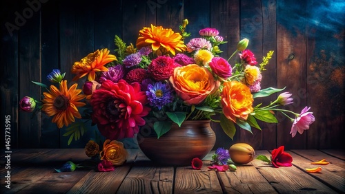 Low Light Floral Arrangement on Dark Wood Table - Elegant Still Life Photography
