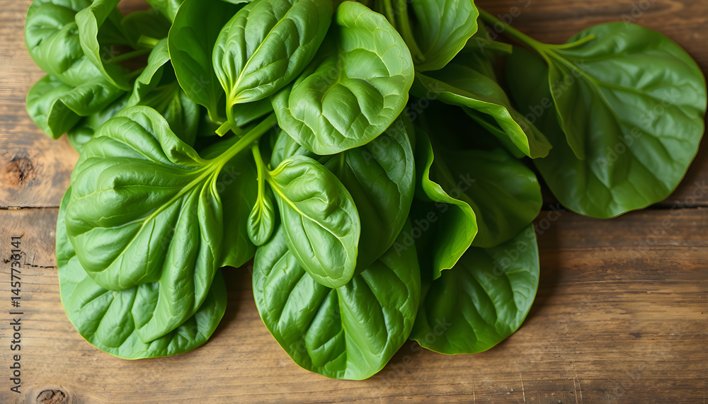 Fototapeta premium Fresh juicy spinach leaves on a wooden brown table. Natural products, greens, healthy food, vitamins. banner, simple style. isolated with white highlights