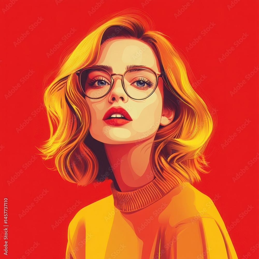 Portrait of a Woman with Blonde Hair and Glasses in a Yellow Sweater Against a Red Background Portrait of a Woman with Blonde Hair and Glasses in a Yellow Sweater Against a Red Background
