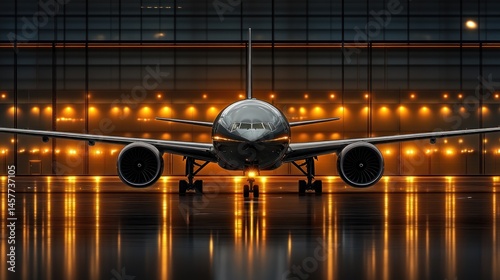 Airplane at night dark jet on illuminated tarmac travel and aviation concept