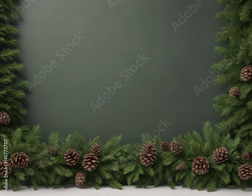 Deep green fir boughs & textured pine cones, create a natural Christmas border , nature, rustic
