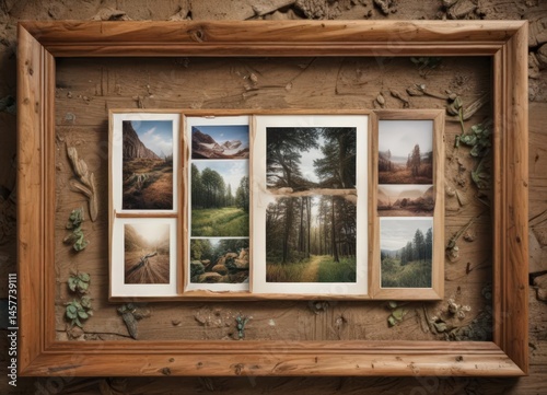 A rustic wooden frame collage showcasing nature photography and abstract art prints ,  colors,  graphic