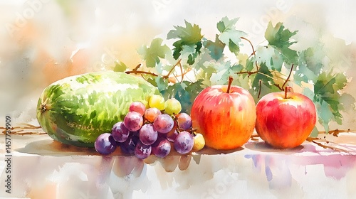 Colorful Melon Apple Grapes Still Life Watercolor Painting for Kitchen Decor
