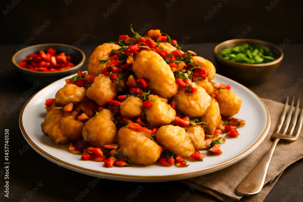 A plate of crispy, golden fried tofu topped with fresh chili and herbs, served with bowls of chopped chili and green onions on the side for extra flavor A plate of crispy, golden fried tofu topped with fresh chili and herbs, served with bowls of chopped chili and green onions on the side for extra flavor