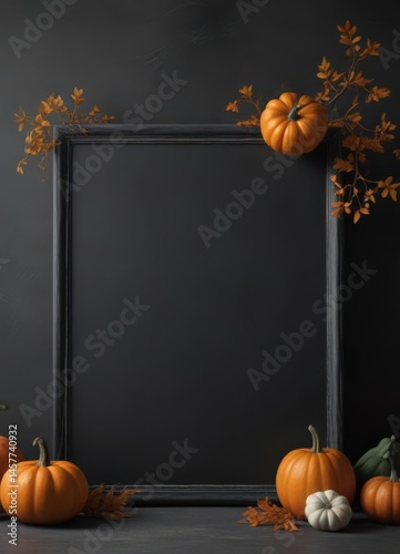 Black chalkboard frame with three perfectly arranged pumpkins, minimalist fall setting ,  scene,  chalkboard