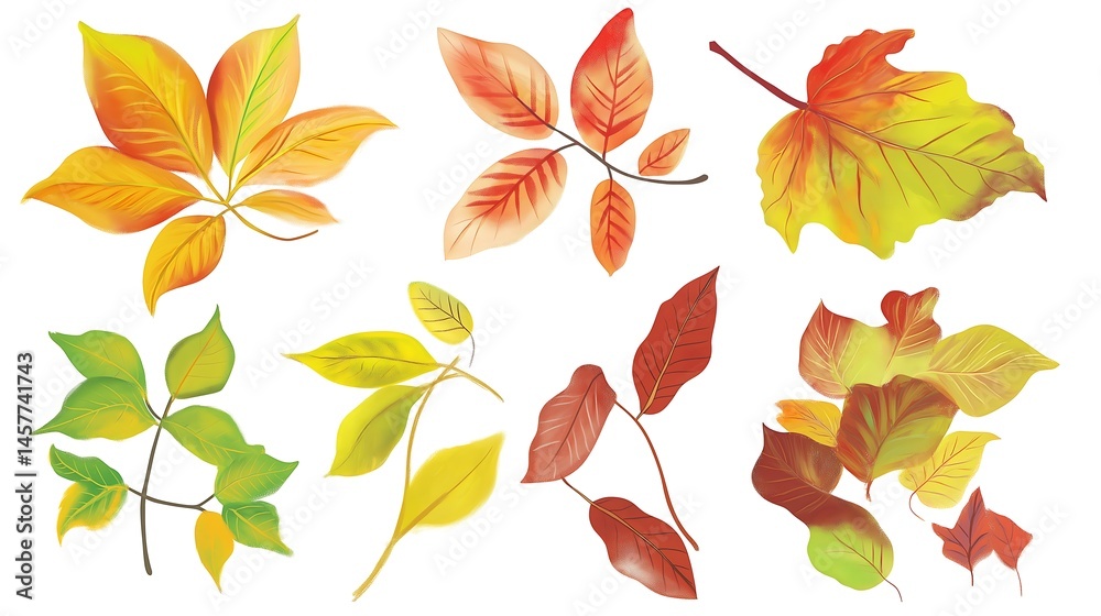 Obraz premium Vibrant Autumn Leaves Botanical Illustration: Nature's Palette of Organic Seasonal Foliage in Sunset Hues