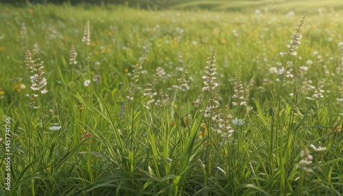 Close-up of flowering plants in a June meadow, blades of grass in focus , vibrant, habitat