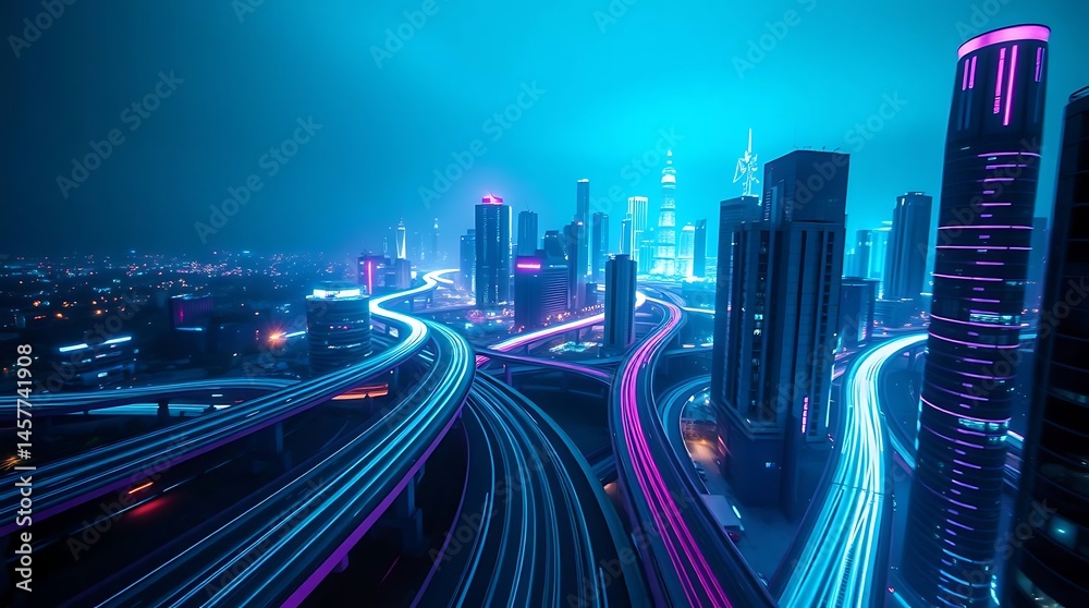 Fototapeta premium Futuristic Cyber City Night - Pink & Blue Light Trails