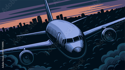 Airplane Flying Over City at Dusk - Air Travel Illustration