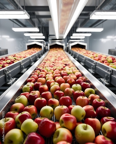 Fresh red and green apples moving along automated conveyor belts inside a modern fruit processing plant, showcasing food production, sorting, and agricultural technology

