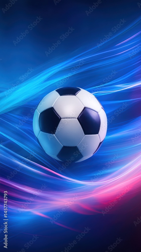 Naklejka premium Soccer ball on blue and pink light trails background
