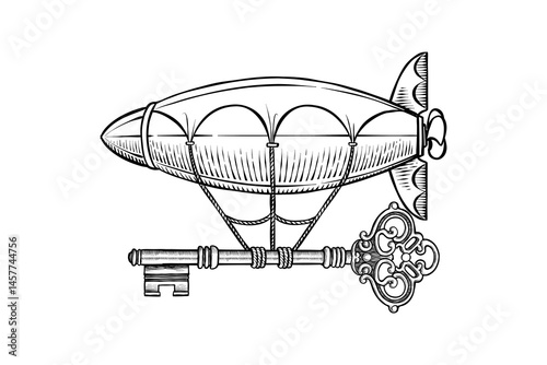 drawing illustration of a hot air balloon carrying a key