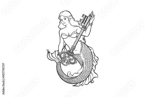 drawing illustration of a mermaid carrying a vintage key