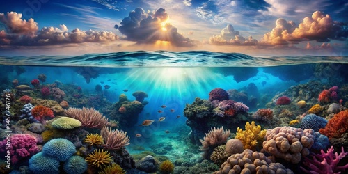Wallpaper Mural A vibrant underwater seascape showcasing a lively coral reef teeming with diverse marine life, bathed in the radiant glow of a sunlit sky above Torontodigital.ca