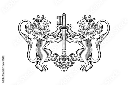 drawing illustration of lion crest logo and key
