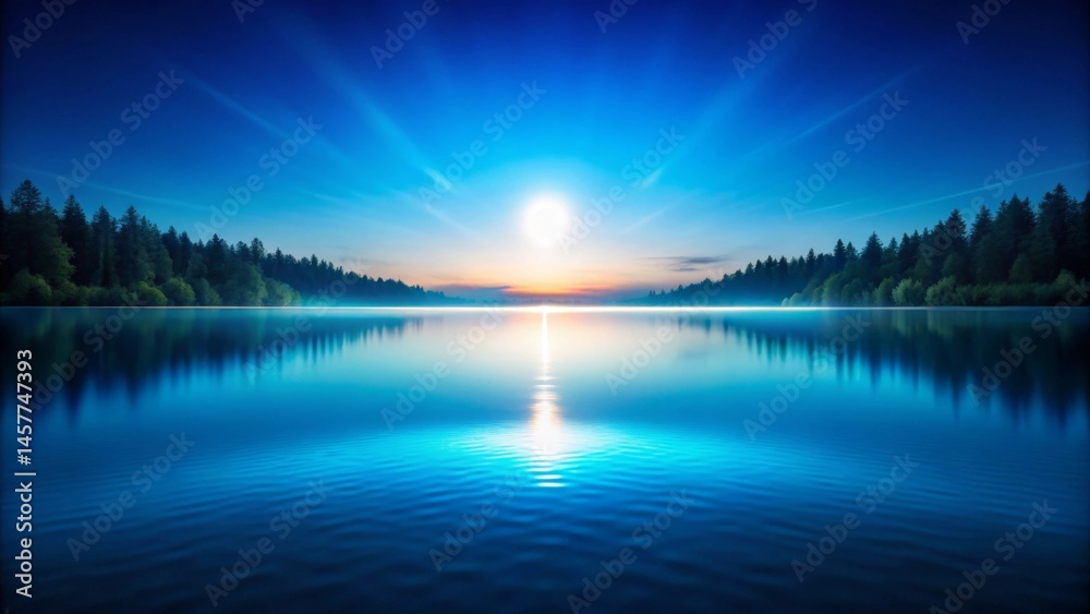 Fototapeta premium Serene Sunset Over a Still Lake Reflected in Tranquil Waters, Illuminating the Silhouetted Evergreen Forest