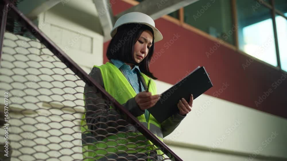 Asian Korean woman checking building plan read checklist chart construction project female builder engineer inspector Chinese Japanese girl smiling architect in hard hat document paperwork developer