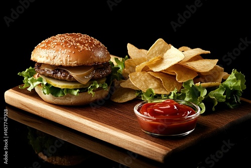 A wooden board with two burgers and fries, ketchup in a small bowl on the side, black background, low-angle shot, food photography, professional studio lighting, high resolution