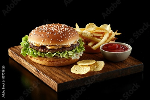 A wooden board with two burgers and fries, ketchup in a small bowl on the side, black background, low-angle shot, food photography, professional studio lighting, high resolution