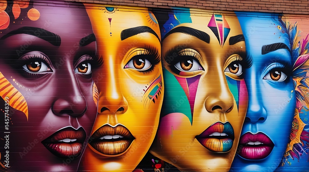 Obraz premium Vibrant street art mural featuring three colorful abstract female faces symbolizes cultural diversity, artistic expression, urban creativity, and celebration of beauty in all forms. 