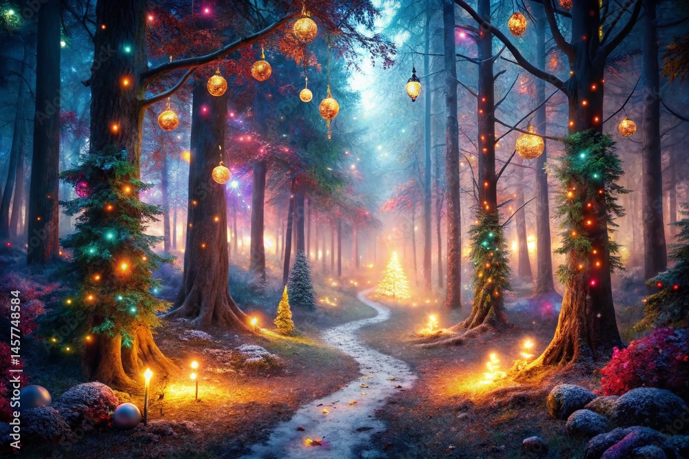 Fototapeta premium Magical Christmas Forest: Fairy Lights & Low Light Fantasy Scene