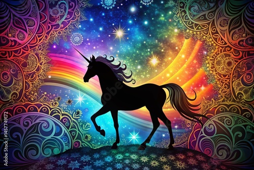 Magical Night Unicorn Rainbow Organic Pattern Background Stock Photo