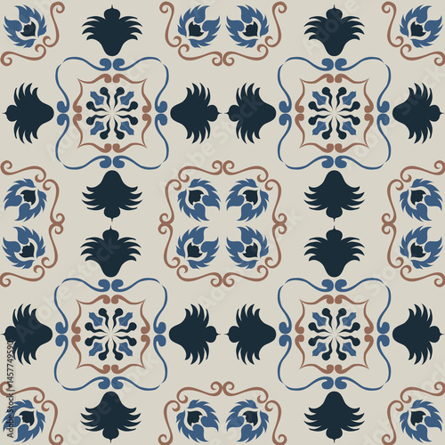 Seamless Tile pattern with blue, brown, and deep blue floral background elements.