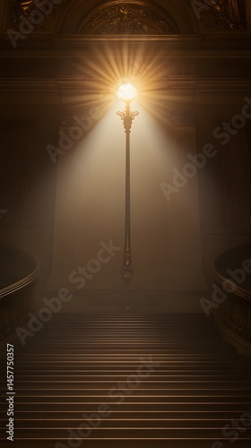 Illuminated antique lamp on grand staircase