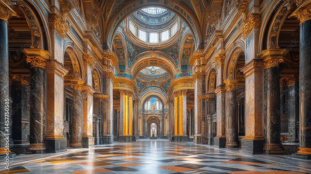 Fototapeta premium Ornate hall featuring imposing pillars, golden arches, and a checkered floor creates grandeur.